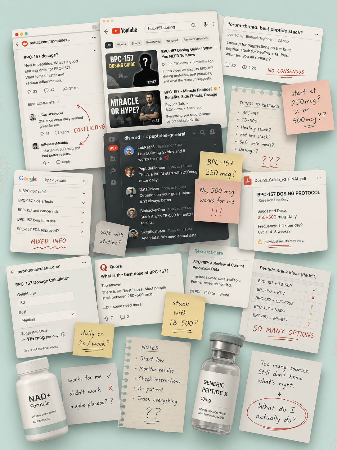 A chaotic research board of peptide dosing tabs, notes, videos, forum posts, and bottles